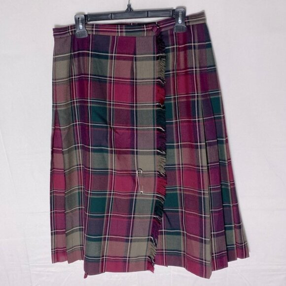 Vintage Highland Queen Burgundy Green Plaid Wool Pleated Skirt Kilt Plaid Skirt